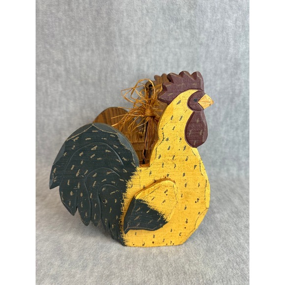 Vintage Wooden Rooster Basket Eggs Holder Rustic Handcrafted Decor Yellow Brown - Picture 2 of 12